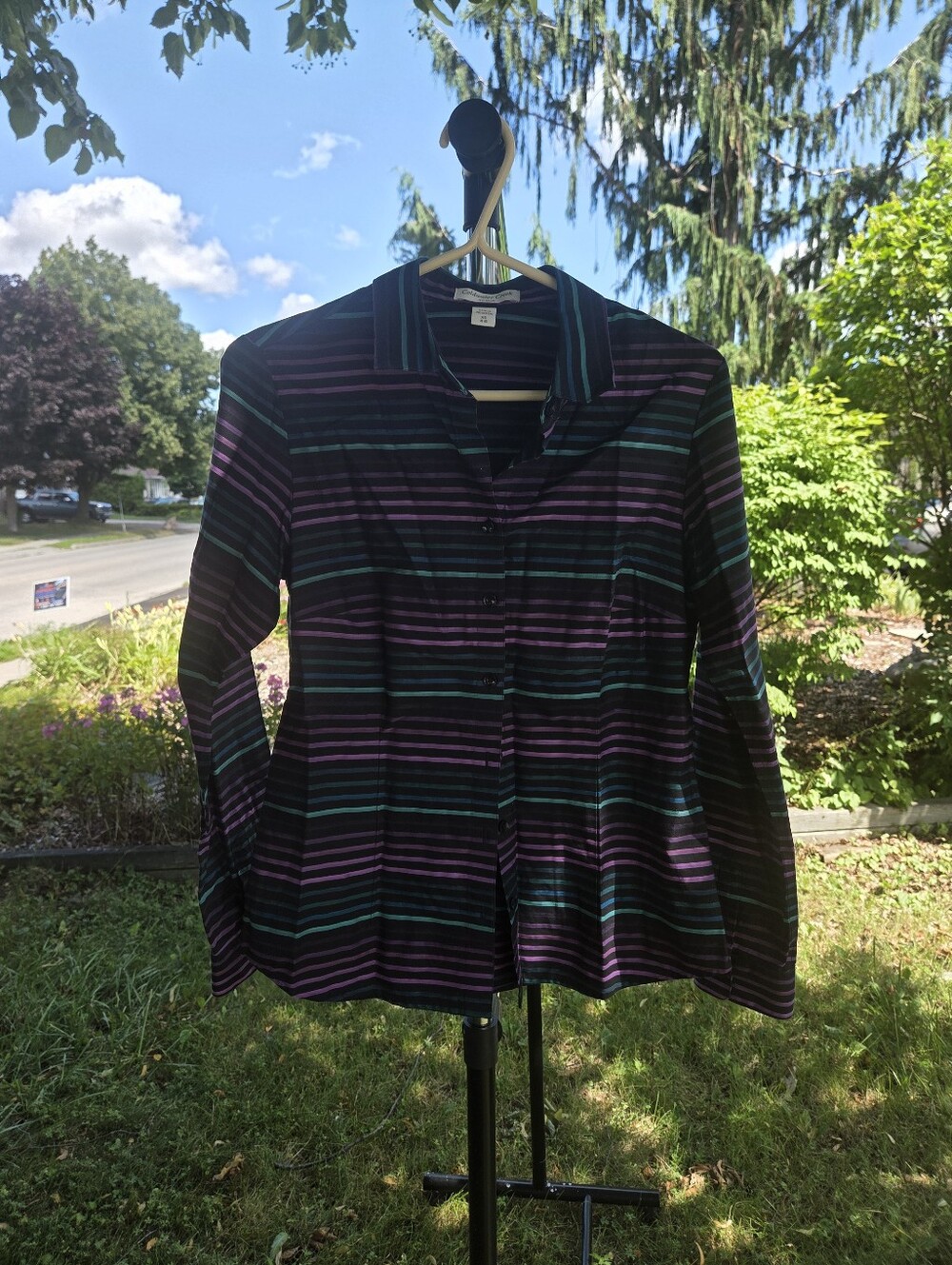 Coldwater Creek Black Button-Down Shirt with Purple & Teal Stripes